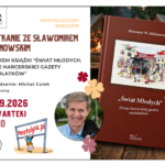 To jest plakat promocyjny wydarzenia w Miejskiej Bibliotece Publicznej w Mińsku Mazowieckim. Zapowiada spotkanie ze Sławomirem Malinowskim, autorem książki „Świat młodych. Dzieje harcerskiej gazety nastolatków” Spotkanie ma miejsce w Miejskiej Bibliotece Publicznej w Mińsku Mazowieckim Prowadzenie: Michał Culek Wstęp: wolny Data: 17.09.2026 Dzień: czwartek Godzina: 18:30 Po prawej stronie widać: okładkę książki, Na dole jest zdjęcie autora.