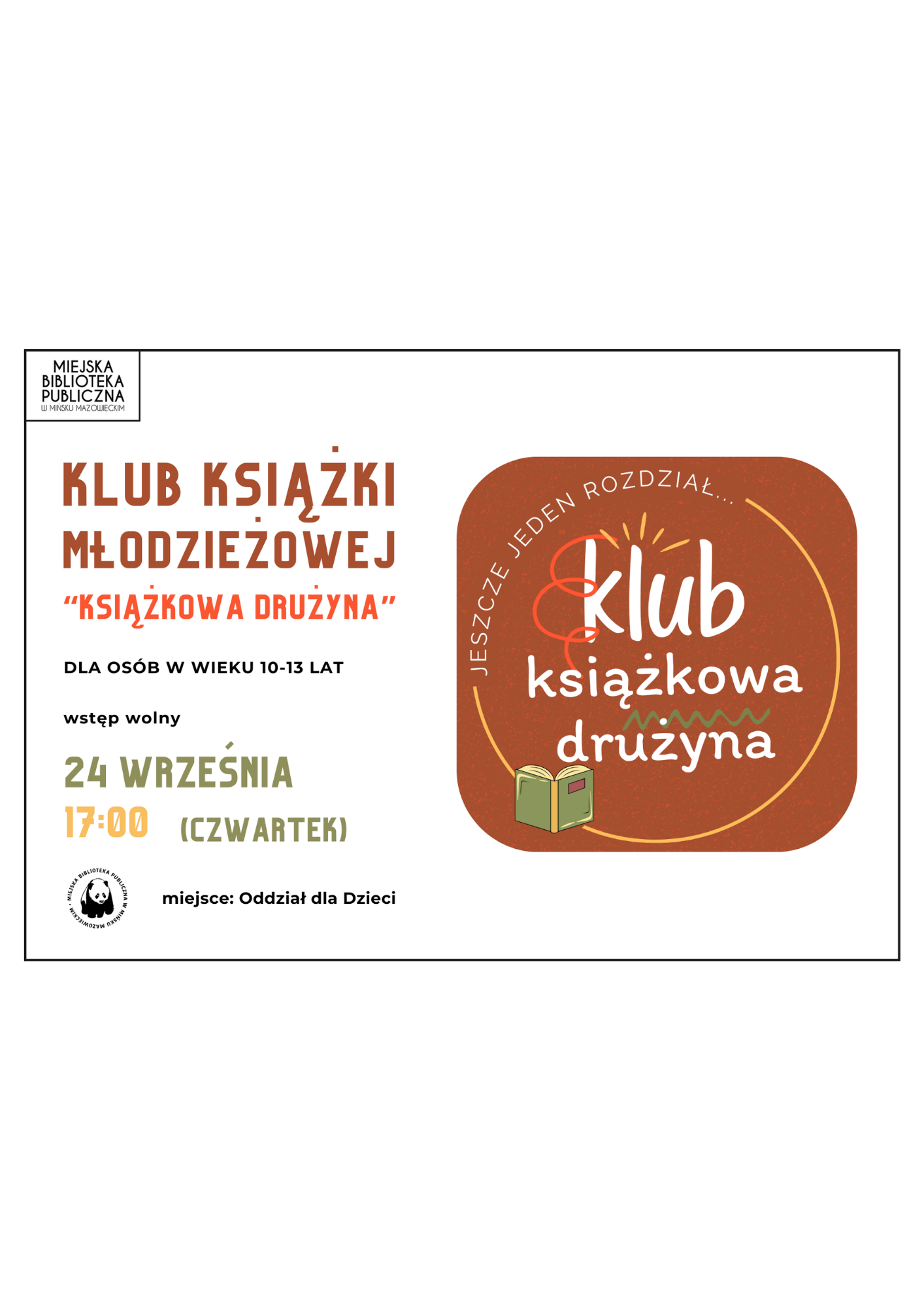 Zapraszamy na kolejne spotkanie klubu książki młodzieżowej w Oddziale dla Dzieci 24 września o godzinie 17:00