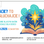 Kolorowa ulotka promująca spotkanie czytelnicze w Miejskiej Bibliotece Publicznej w Mińsku Mazowieckim. Wydarzenie pod hasłem „ZNACIE? TO POSŁUCHAJCIE...” poświęcone jest klasycznym baśniom dla dzieci. Odbędzie się w czwartek, 17 września 2026 r., o godz. 11:00. Na ulotce znajduje się ilustracja przedstawiająca otwartą książkę, z której wydobywają się magiczne elementy, takie jak gwiazdki i zawijasy. Wydarzenie przeznaczone jest dla grup przedszkolnych i pierwszoklasistów.
