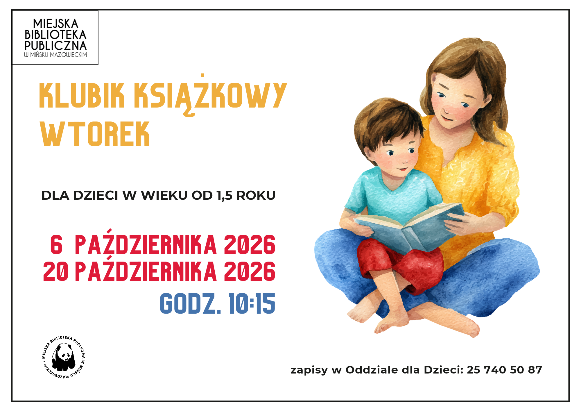Plakat Miejskiej Biblioteki Publicznej w Mińsku Mazowieckim zapraszający na zajęcia ruchowo-plastyczne „Emocje Malucha” w ramach Klubiku Książkowego w Torek. Zajęcia są przeznaczone dla dzieci od 1,5 roku życia i odbędą się 20 października 2026 roku o godz. 10:15. Na ilustracji po prawej stronie kobieta siedzi z małym chłopcem i wspólnie czytają książkę. Plakat zawiera informację o zapisach w Oddziale dla Dzieci pod numerem 25 740 50 87.