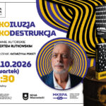 Zdjęcie przedstawia plakat zapowiadający spotkanie autorskie w Miejskiej Bibliotece Publicznej w Mińsku Mazowieckim. Wydarzenie nosi tytuł „Alkoiluzja Alkodestrukcja” z udziałem Roberta Rutkowskiego, a poprowadzi je Katarzyna Pskiet. Odbędzie się ono 22 października 2026 r. o godz. 18:30, a wstęp jest bezpłatny. Projekt przedstawia portret autora w okrągłej ramce z czarno-żółtymi, wirującymi wzorami.
