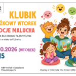 Plakat Miejskiej Biblioteki Publicznej w Mińsku Mazowieckim zapraszający na zajęcia ruchowo-plastyczne „Emocje Malucha” w ramach Klubiku Książkowego w Torek. Zajęcia są przeznaczone dla dzieci od 1,5 roku życia i odbędą się 20 października 2026 roku o godz. 10:15. Na ilustracji po prawej stronie kobieta siedzi z małym chłopcem i wspólnie czytają książkę. Plakat zawiera informację o zapisach w Oddziale dla Dzieci pod numerem 25 740 50 87.