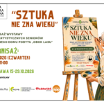 Plakat Miejskiej Biblioteki Publicznej w Mińsku Mazowieckim zapraszający na wernisaż wystawy „Sztuka nie zna wieku”, prezentującej prace artystyczne seniorów z Dziennego Domu Pobytu „Obok Lasu”. Wernisaż odbędzie się 15 października 2026 r. (czwartek) o godz. 11:00. Wystawa będzie dostępna od 15 do 29 października 2026 r. Wstęp wolny. Po prawej stronie plakatu znajduje się ilustracja przedstawiająca starszą kobietę z upiętymi siwymi włosami, w fartuchu malarskim, trzymającą paletę z farbami i pędzel. Kobieta maluje obraz umieszczony na sztaludze. Plakat utrzymany jest w jasnej kolorystyce z brązowymi i zielonymi akcentami. Na dole widnieją logotypy organizatorów i partnerów wydarzenia: Fundacji Opieka Plus, Mazowieckiego Centrum Polityki Społecznej, Samorządu Województwa Mazowieckiego oraz organizacji pożytku publicznego.