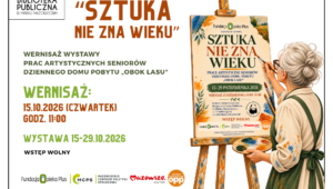 Plakat Miejskiej Biblioteki Publicznej w Mińsku Mazowieckim zapraszający na wernisaż wystawy „Sztuka nie zna wieku”, prezentującej prace artystyczne seniorów z Dziennego Domu Pobytu „Obok Lasu”. Wernisaż odbędzie się 15 października 2026 r. (czwartek) o godz. 11:00. Wystawa będzie dostępna od 15 do 29 października 2026 r. Wstęp wolny. Po prawej stronie plakatu znajduje się ilustracja przedstawiająca starszą kobietę z upiętymi siwymi włosami, w fartuchu malarskim, trzymającą paletę z farbami i pędzel. Kobieta maluje obraz umieszczony na sztaludze. Plakat utrzymany jest w jasnej kolorystyce z brązowymi i zielonymi akcentami. Na dole widnieją logotypy organizatorów i partnerów wydarzenia: Fundacji Opieka Plus, Mazowieckiego Centrum Polityki Społecznej, Samorządu Województwa Mazowieckiego oraz organizacji pożytku publicznego.
