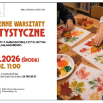 Plakat Miejskiej Biblioteki Publicznej w Mińsku Mazowieckim zapraszający dzieci w wieku 8–10 lat na jesienne warsztaty artystyczne z ambasadorką czytelnictwa Olgą Kulmą-Nazarenko. Spotkanie odbędzie się 4 listopada 2026 roku (środa) o godz. 11:00 w Bibliotece dla Dzieci. Na zdjęciu widać dzieci tworzące kolorowe odbitki jesiennych liści na papierze. Zapisy w Oddziale dla Dzieci pod numerem telefonu 25 740 50 87. Na plakacie znajduje się logo biblioteki oraz adres: ul. Piłsudskiego 1a, Mińsk Mazowiecki.